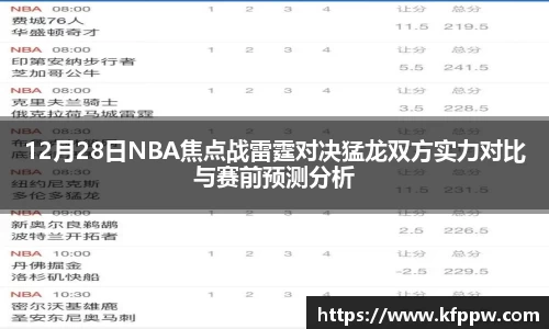 12月28日NBA焦点战雷霆对决猛龙双方实力对比与赛前预测分析